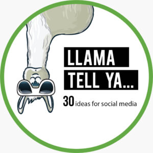"Llama tell ya... 30 ideas for social media" upside down llama badge