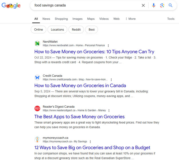 A google search for "food savings Canada" results page.