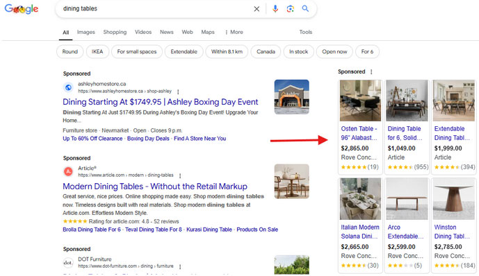 Example of Google Shopping ads on a google search results page.